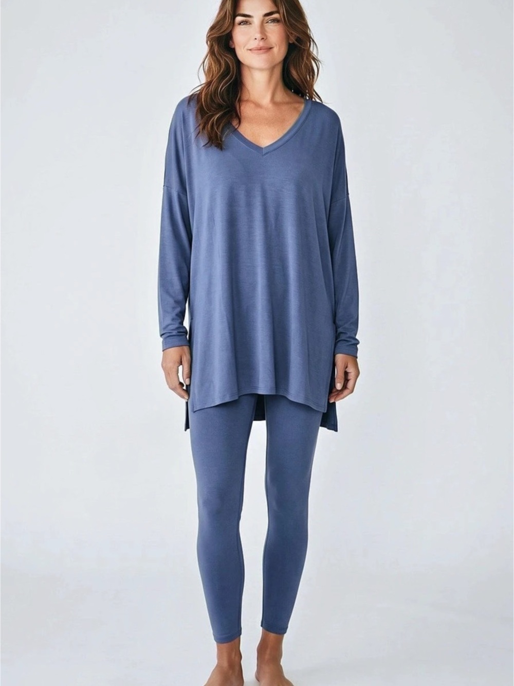 Zenana Brushed Microfiber V-Neck Tunic and Leggings Lounge Set Blue Small